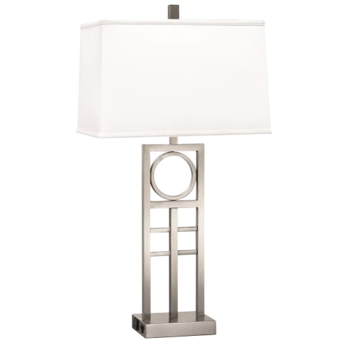 Double Light Desk Lamp, Brushed Steel, White Hardback Linen Shade